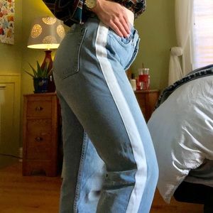 high waisted denim jeans with white stripe